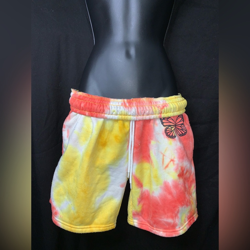 Yellow and Peach Tye Dye Design Butterfly themed shorts with drawstring